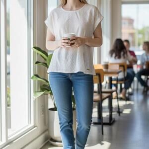 Women's White Lace Detail Short Sleeve Blouse Jones New York Large Signature Top
